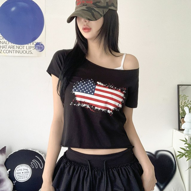 [고퀄/최저가/2col] 머드 언발 오프숄더 성조기 프린팅 반팔 크롭 티셔츠