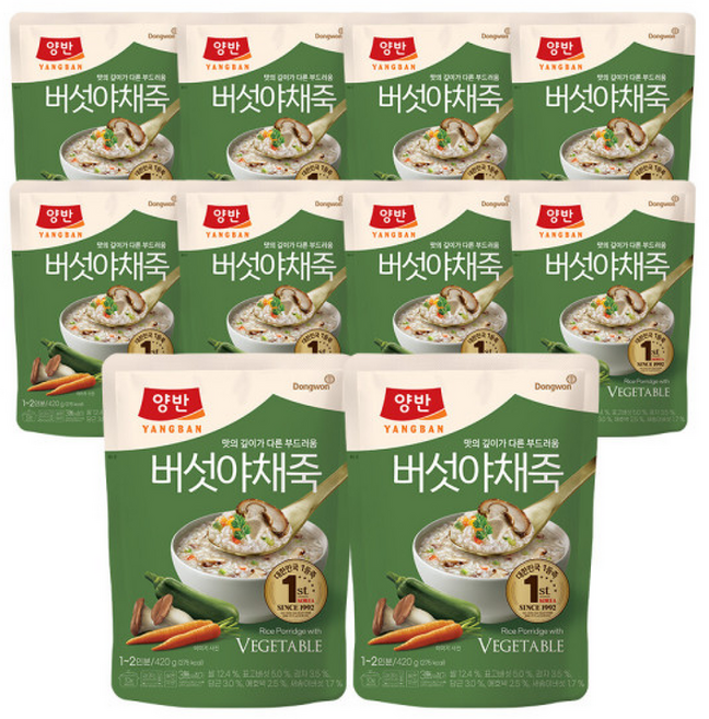 동원 양반 버섯 야채죽(파우치), 10개, 420g