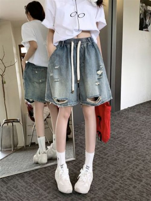 여성 여름 찢청 5부 와이드청바지 버뮤다팬츠 워싱 밴딩 청반바지 빅사이즈까지