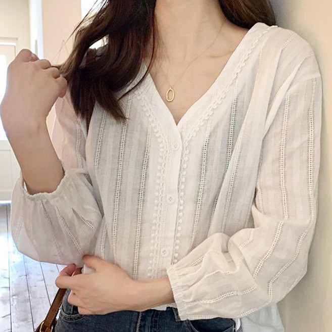 브이넥블라우스 면블라우스 여자 흰색 레이스