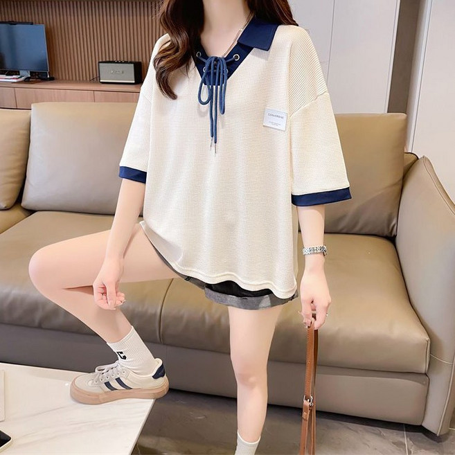 ANYOU 여성용 여름 반팔 티셔츠 칼라넥 레이어드 루즈핏 빅사이즈 반팔티