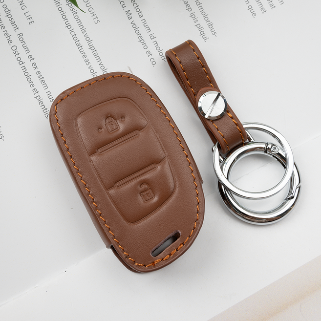 블룸오아시스 현대 호환 천연 소 가죽 스마트 키케이스 키홀더 키링, 카멜, 03_2버튼(BO-L54)