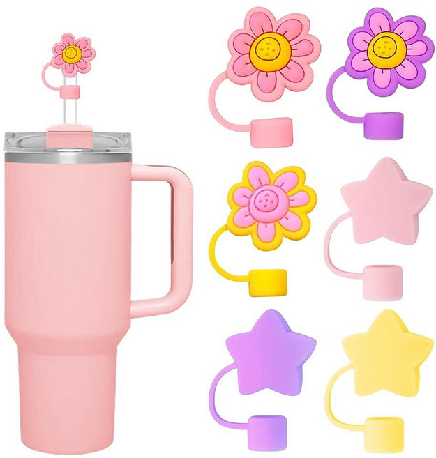 Stanley 텀블러와 호환되는 고양이 발바닥 빨대 커버 캡 6팩 (414~1.2L(14온스~40온스)) - Simple Modern 컵용 식품 등급 실리콘 빨대 토퍼 빨대, Stars+flowers-6pcs