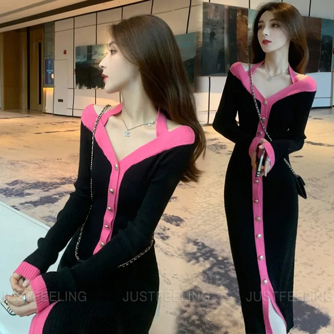 JUSTFEELING 앞트임 롱 스커트 브이넥 여성 긴팔니트티 홀터넥 여성원피스 D10U