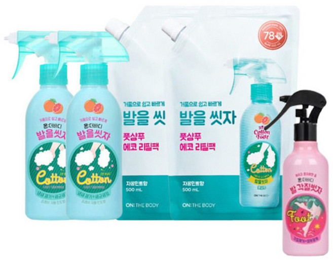 온더바디 코튼풋 발을씻자 풋샴푸 자몽향 본품 385ml 2개+ 자몽향 리필 500ml 2개 + 풋필링 스프레이, 1개, 1개