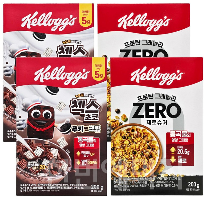 [한번에먹자] 시리얼 혼합세트 (첵스초코 쿠키앤크림 2 + 프로틴 그래놀라 제로슈거 2), 4개, 200g