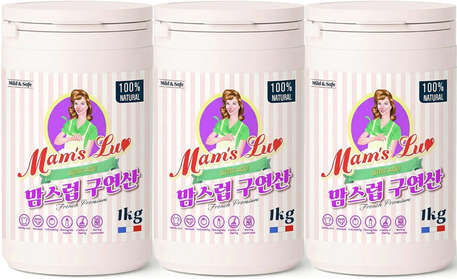 맘스럽 (초특가) 구연산 1kg x 3통 프리미엄 용기형 1등급 천연세제 세탁세제 세정제 세제는 맘스럽 입니다, 3개