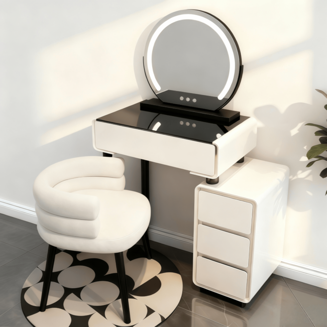 (무료 설치)화장대 세트 의자 포함 미니 화장대 LED화장대 세트 삼색가구 (화장대+수납장+LED거울+화장의자) H5201 (5~9일 도착), 블랙, 60CM-화장대+수납장+LED거울+B화장의자