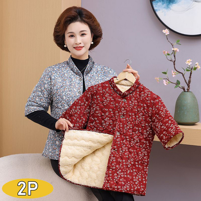 1+1 여성 플라워 기모 반팔 누빔 배딩 조끼 베스트 따뜻한 도툼 5부소매 웰론 점퍼 방한 코트 50~60대