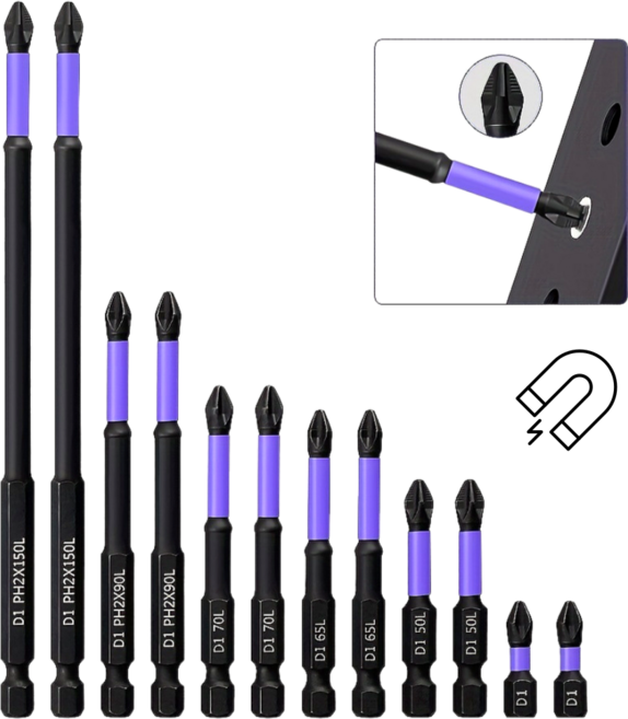 다용도 만능 자석 십자 전동 드릴 드라이버 비트 12p 세트, 1세트, 블랙