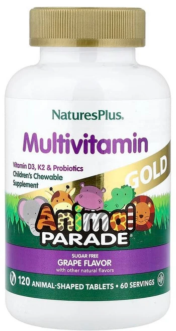 네이처스플러스 Source of Life Animal Parade 골드 어린이용 츄어블 종합 비타민 및 미네랄 보충제 천연 포도향 동물 모양 정제 120정 NAP-29934, 1개 - 쿠팡