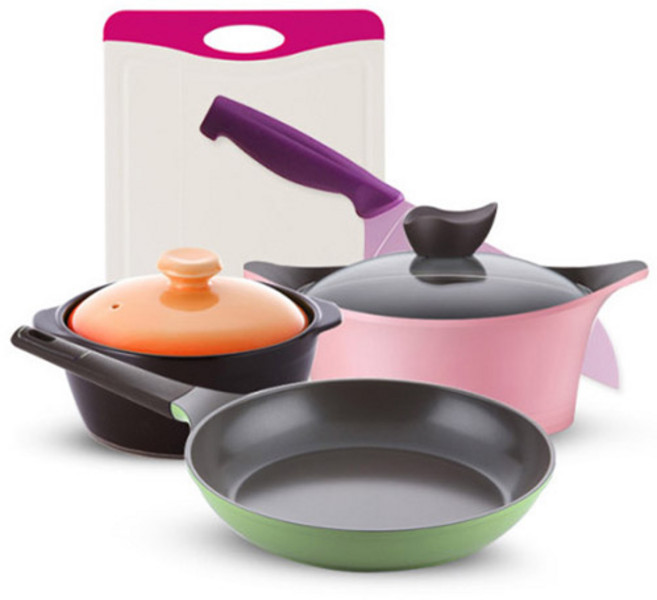 네오플램 자취생 냄비프라이팬 5종 세트, 핑크(냄비 + 도마) + 애플그린(프라이팬) + 퍼플(식도), 애니 양수냄비 20cm + 틸리 프라이팬 24cm + 뚝배기 15cm + 플루토 도마 + 산토쿠 식도