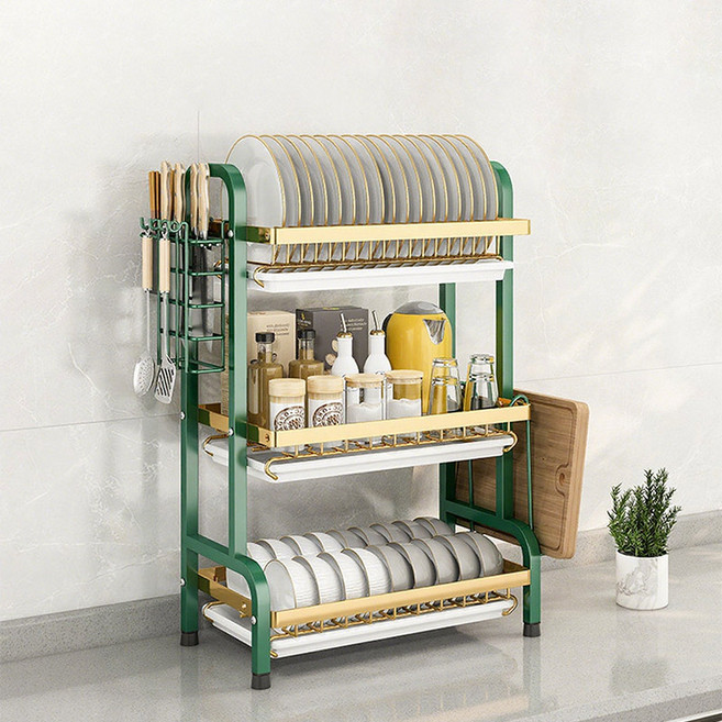 Tiger Pavilion 주방 싱크 접시 그릇 선반 53cm, 1개, 그린골드, 3단