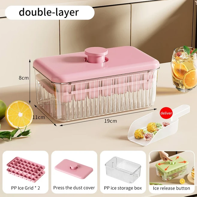쿠쿠스토어 28/5 그리드 아이스 큐브 금형 뚜껑 프레스 트레이 버킷 가정 주방 바 박스 도구 세트 냉장고, 01 Pink-5 grid