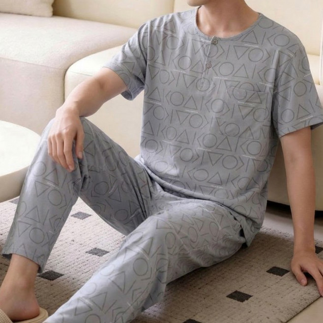 男士夏季短袖長褲棉綢睡衣套裝 家居休閒可外穿