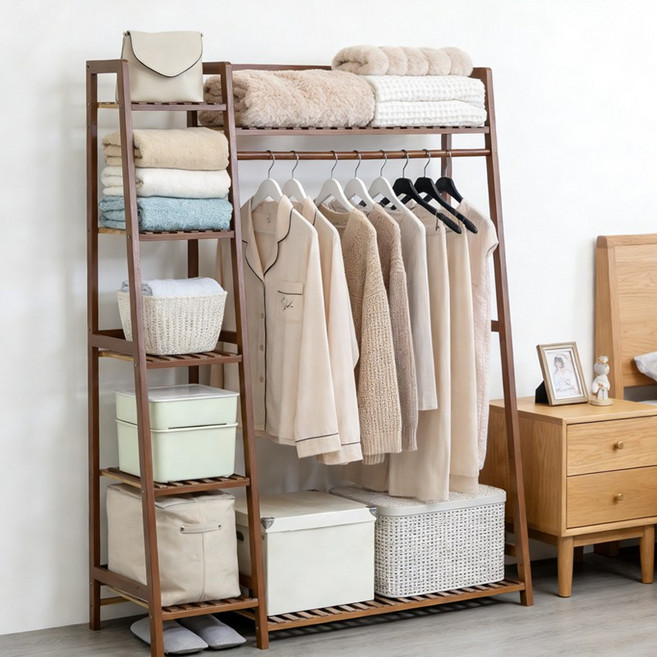 쿠리브 원목색 튼튼한 행거 옷걸이행거 대나무 시스템행거, 월넛