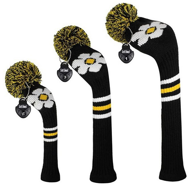Scott Edward Pom 골프 헤드커버 3개 세트용 Well Driver(460cc) 페어웨이 및 하이브리드(UT) 우드 여성 여성을 위한 아름답고 흥미로운 패턴(블랙, Daisy_164724