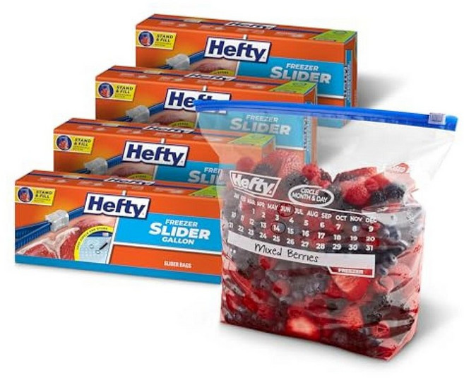 Hefty 달력 슬라이더 쿼트 냉동고 백 140개 날짜가 있는 냉동고용 생고기 과일 채소 등을 보관 안전한 지퍼 클릭 잠금 268585, 갤런