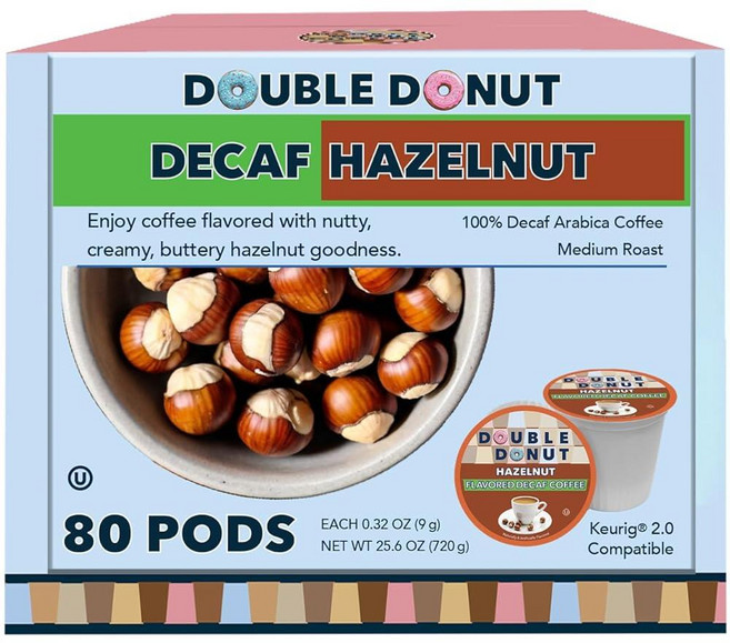 Double Donut Coffee 가향 디카페인 커피 디카페인 헤이즐넛 커피 큐리그 K 컵 머신용 디카페인 커피 포드 미디엄 로스트 80개(1팩), Decaf Hazelnut, Decaf Hazelnut