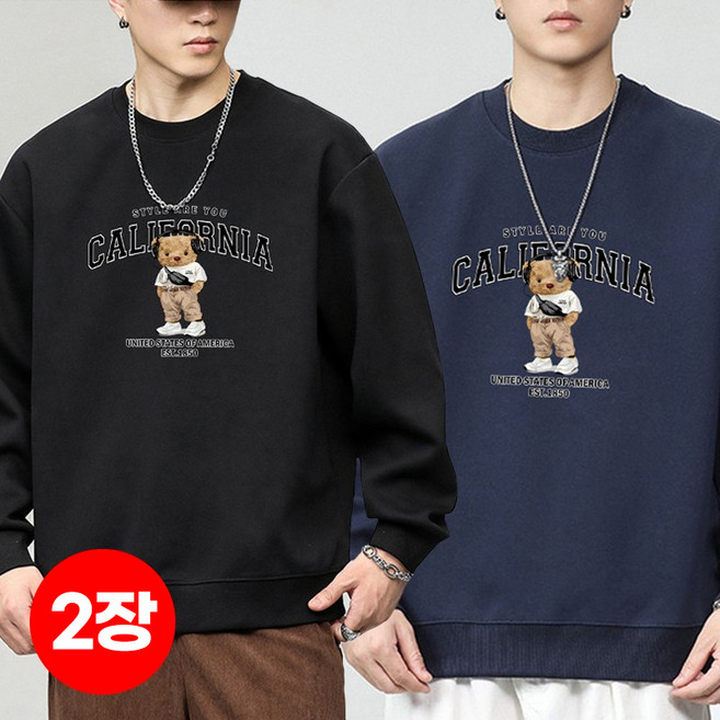 1+1(2장세트)스타일아유 남성용 유니크 레터링 베어프린팅 오버핏 맨투맨 라운드넥 320G면질 빅사이즈 95~120 가을겨울용 TS3805