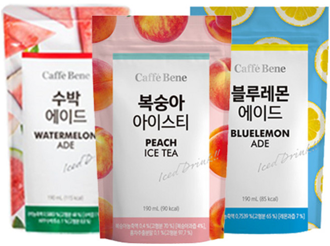 [카페베네] 파우치 음료 3종 (복숭아티 1박스 + 블루레몬에이드 1박스 + 수박에이드 1, 1세트, 190ml