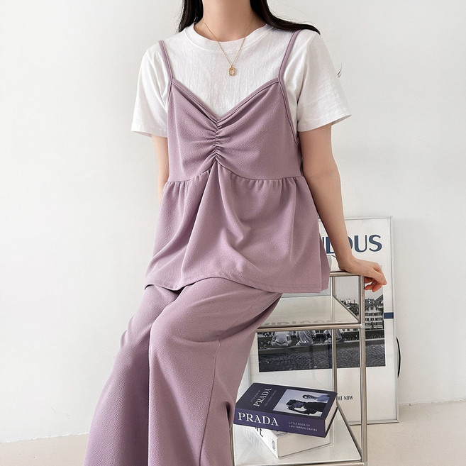 더한땀 여성 나비 셔링 뷔스티에 상하의 세트 빅사이즈 투피스