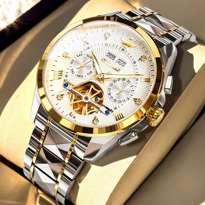OUPINKE 남성 명품 시계 럭셔리 기계 비즈니스 캐주얼 투조큐빅일력