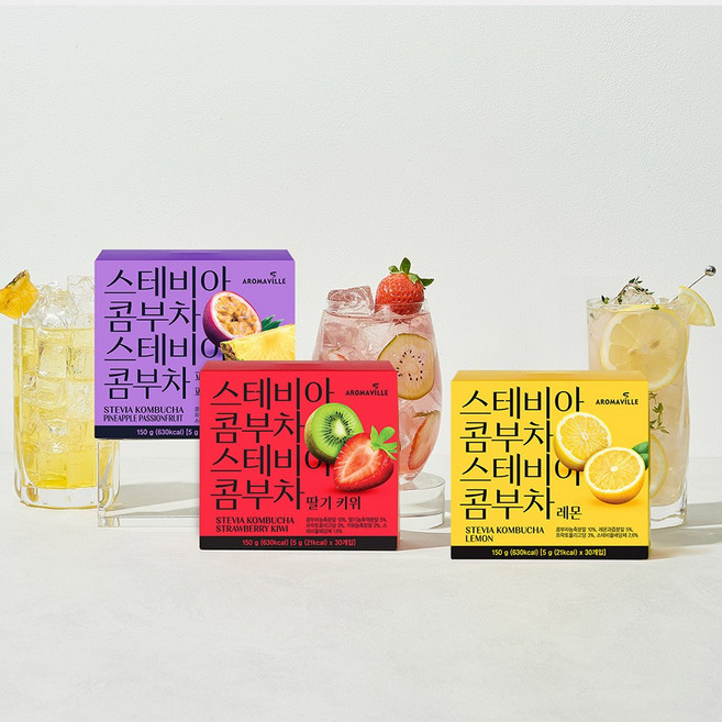 아로마빌 스테비아 콤부차 10스틱 30스틱 (레몬 딸기키위 파인애플패션후르츠), 5g, 1박스, 10개입