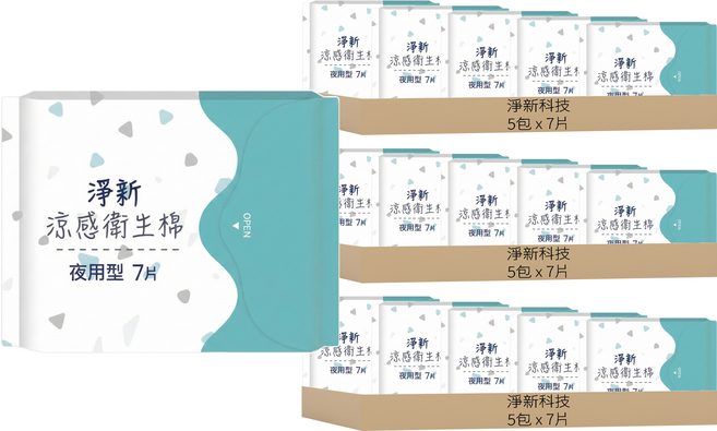 淨新科技 涼感衛生棉, 15包, 7片, 夜用型(28cm)