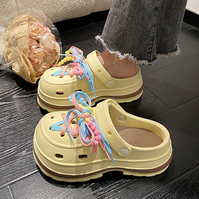 ROYALBELLE 여성 샌들 통굽 귀여운 컬러 리본 포인트 캐주얼 데일리 슬리퍼 E0032512