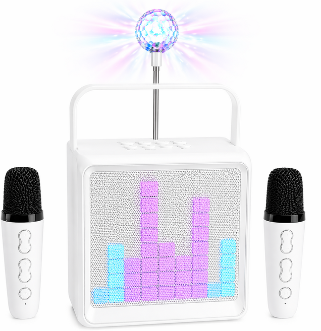 [고출력] 머레이 가정용 노래방 기계 휴대용 블루투스 스피커 듀얼 마이크 기기 세트 led 미러볼, 화이트 + 미러볼 1개