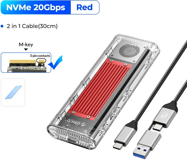 ORICO M.2 NVME SSD 케이스 인클로저 냉각 선풍기 포함 USB Gen 2x2 PCIE 어댑터 도구 키용 4TB 20Gbps, 06 with Fan Red, 01 China Mainland