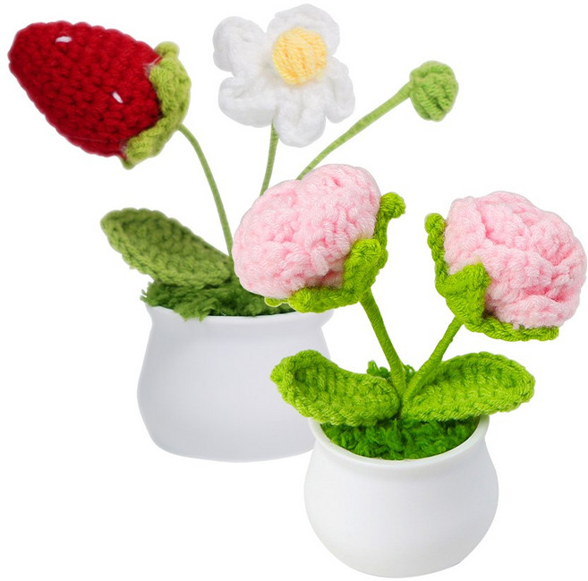 디어플레이스 니트 크로쉐 화분 장식 인테리어 2종 세트, 1개, 딸기 데이지 & 핑크 장미
