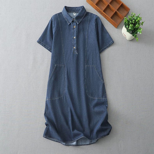 여름 데님 반팔 원피스 중년 여성 캐주얼 기질 원피스 루즈핏 데일리 치마 슬림핏 원피스 LJX