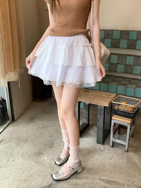 VANLUEE 白色蕾絲花邊蛋糕裙女夏季風高腰短裙