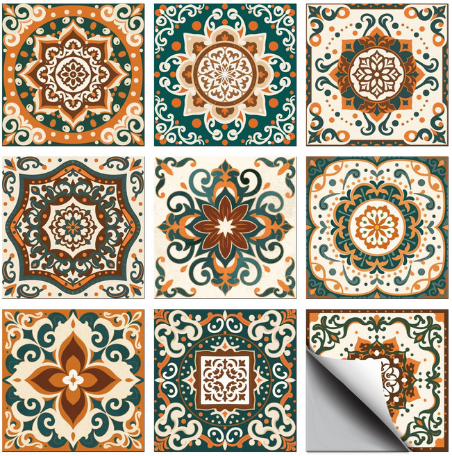 PVC 타일 시트지 세트 다양한 패턴 방수 주방 욕실 리폼 장식 10x10cm 9가지 다른 디자인 1세트 총 36개, 보헤미아