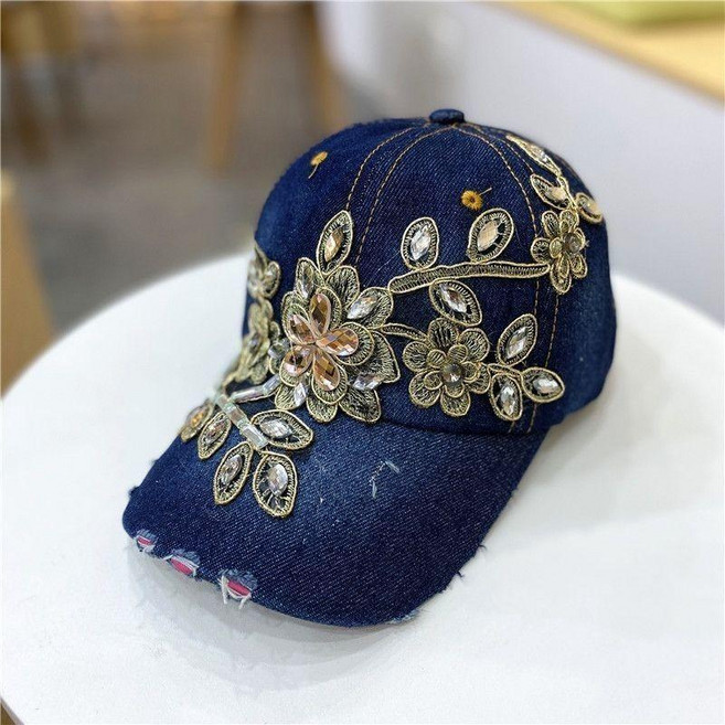 鑲鑽花朵牛仔棒球帽