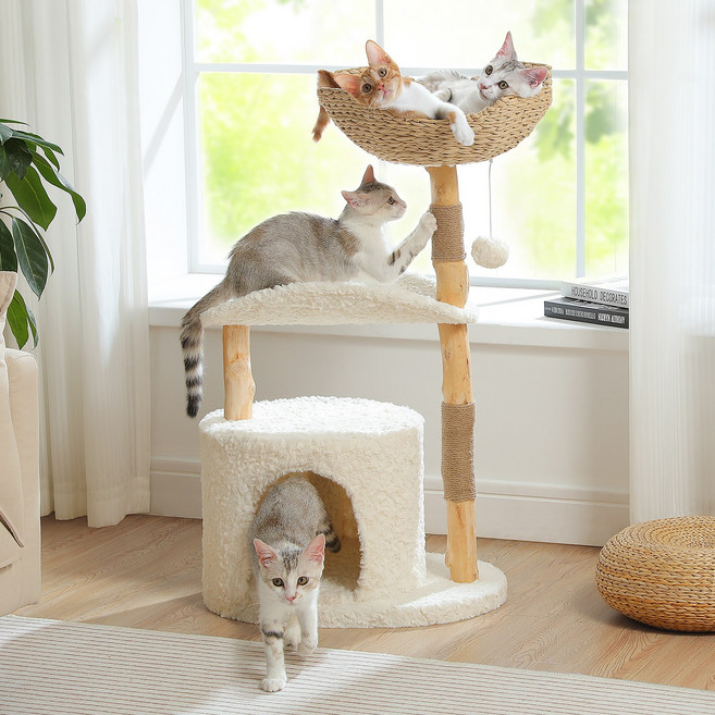 PAWZ Road 3단 소형 심플 순백 원목 캣타워97cm 수공예 등나무 잔망대+곡선형 뽀글이 플랫폼, 1개, 화이트