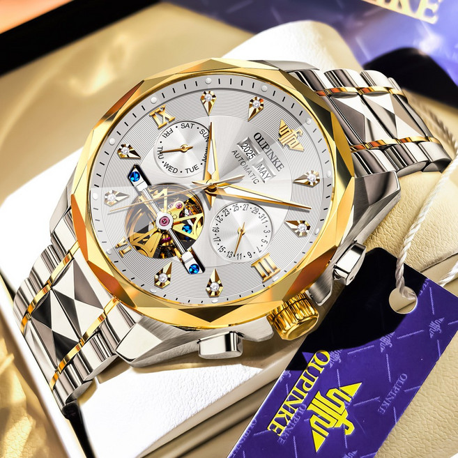 OUPINKE 남성 시계 정품 럭셔리 자동 기계식 오토매틱 명품 워터프루프 야광 다기능 메탈 패션 손목
