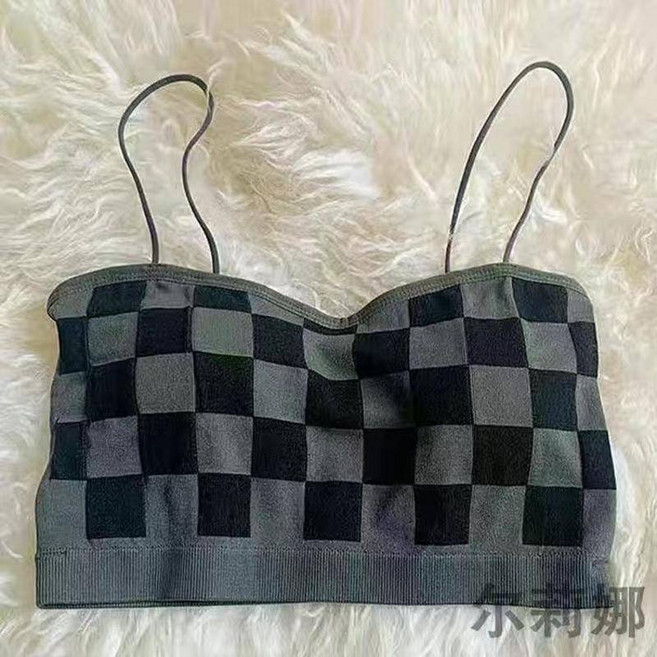 美背背心 細肩帶 胸墊 斜肩 吊帶上衣 格子設計裸感四季可穿