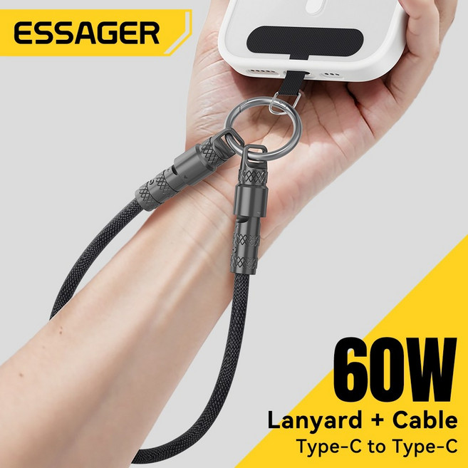 ESSAGER 60W Type-C to Type-C 掛繩數據線, 1個, 0.3M 黑色
