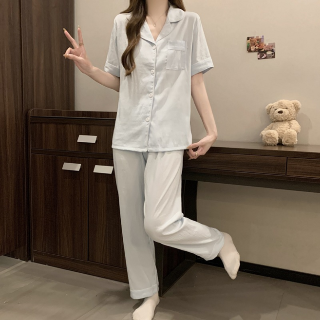 雲朵棉短袖長褲睡衣套裝，簡約休閒家居服