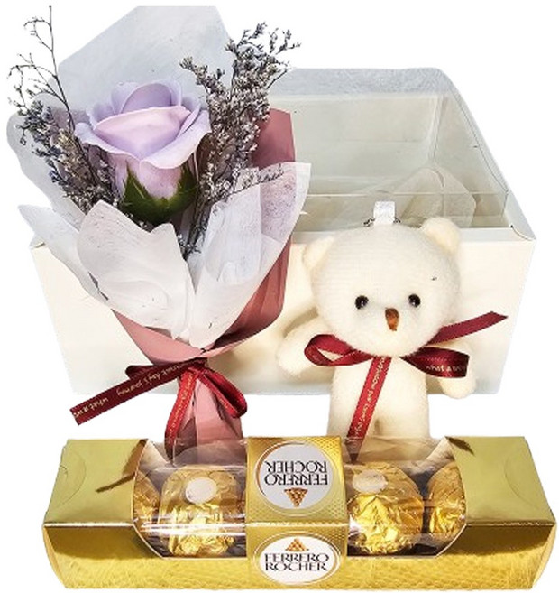 낭만의 숲 페레로로쉐+테디베어+꽃다발+가방 발렌타인데이 선물, 연보라장미