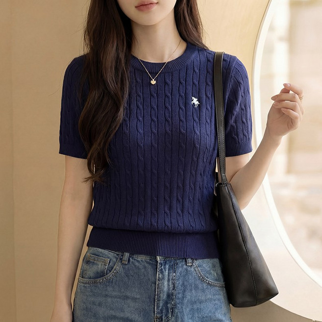 SOSISI 여성 라운드 베이직 케이블 자수 여름 반팔 니트 탑 오버 46121