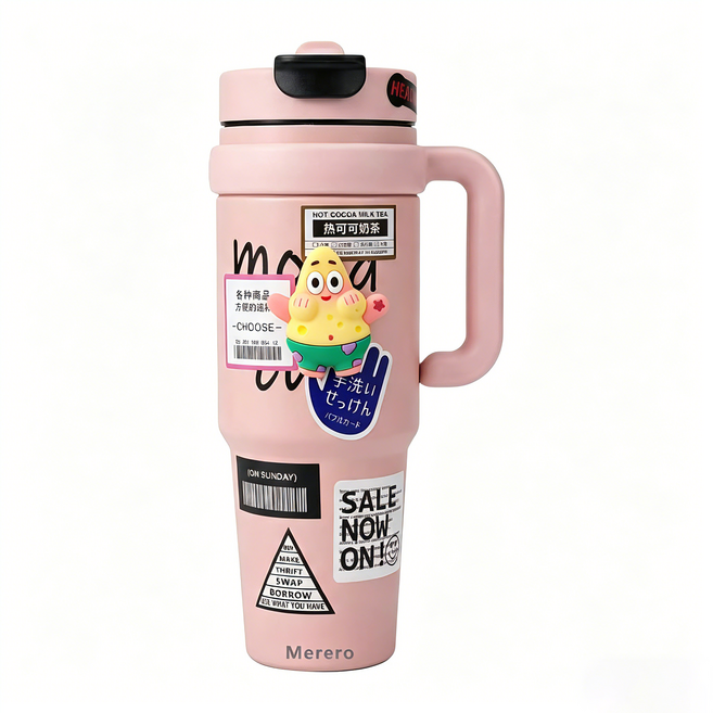 Merero 대용량 스텐 텀블러 + 빨대 포함 진공 보온 보냉 차량용 캠핑용, 핑크, 1개, 1000ml