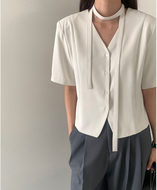 체인지쉬(change she)여성 브이넥 벨티드 정장핏 반팔 자켓 심플 블라우스