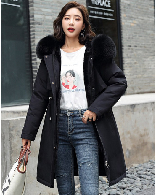 SAHINER 겨울 여성 데일리 퍼후드 허리스트링 털안감 웰론 롱패딩 AYRF21