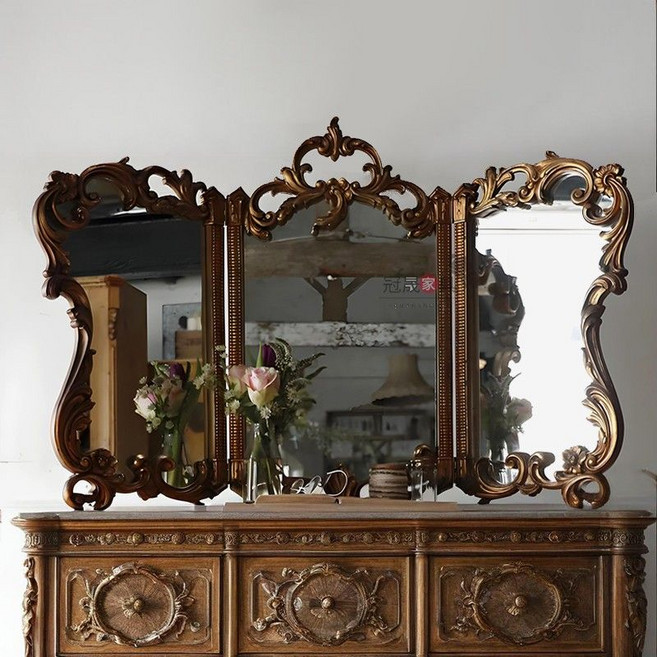 유럽풍 삼면 거울 프렌치 엔틱 접이식 메이크업 3면 뒷머리 화장대 100X80CM, 100X80CM(45도)