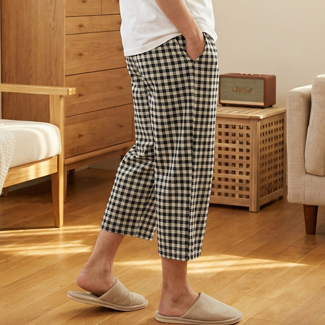 7부 기장 고슬고슬한 촉감 남성 여성 깅엄 체크 주머니 파자마 잠옷 바지 P-1017