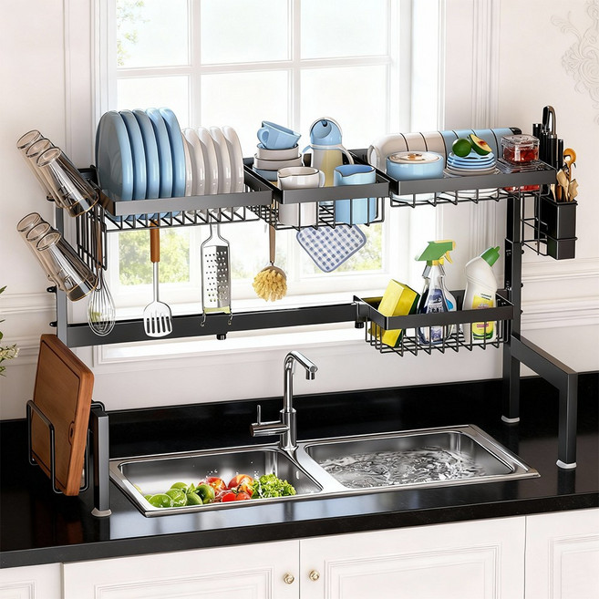 키친 식기건조대 대용량 멀티 싱크대 정리선반 식기 건조대 확장형 길이 조절 무타공, 1개, 블랙, 1단